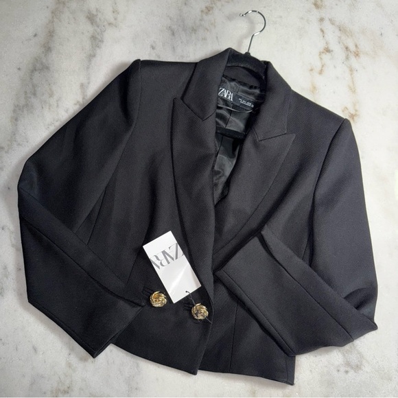 Zara Cropped Black Double-Breasted Blazer with Gold Buttons - Picture 1 of 10